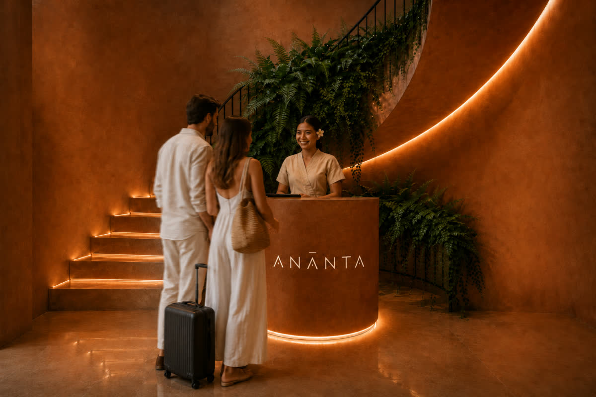 The reception, a curved terracotta desk beneath a lit spiral stair and hanging ferns