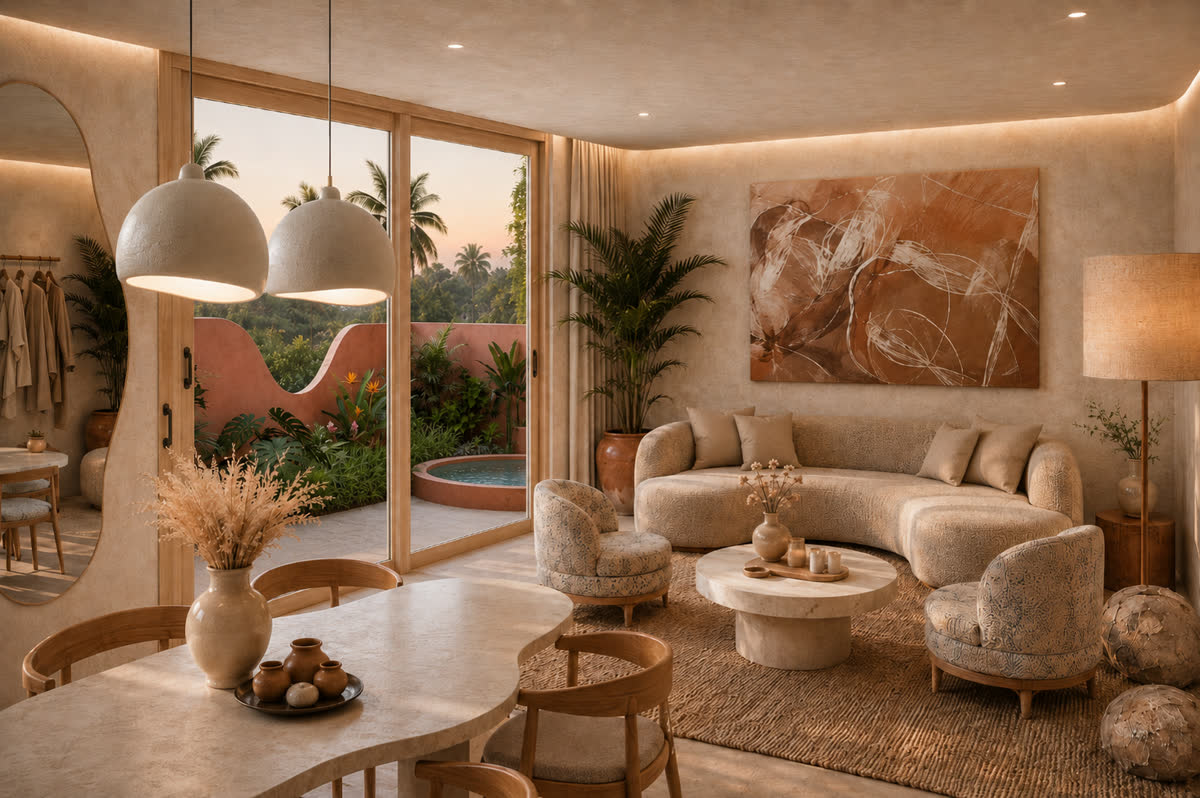 Living and dining area opening onto a private terrace and plunge pool