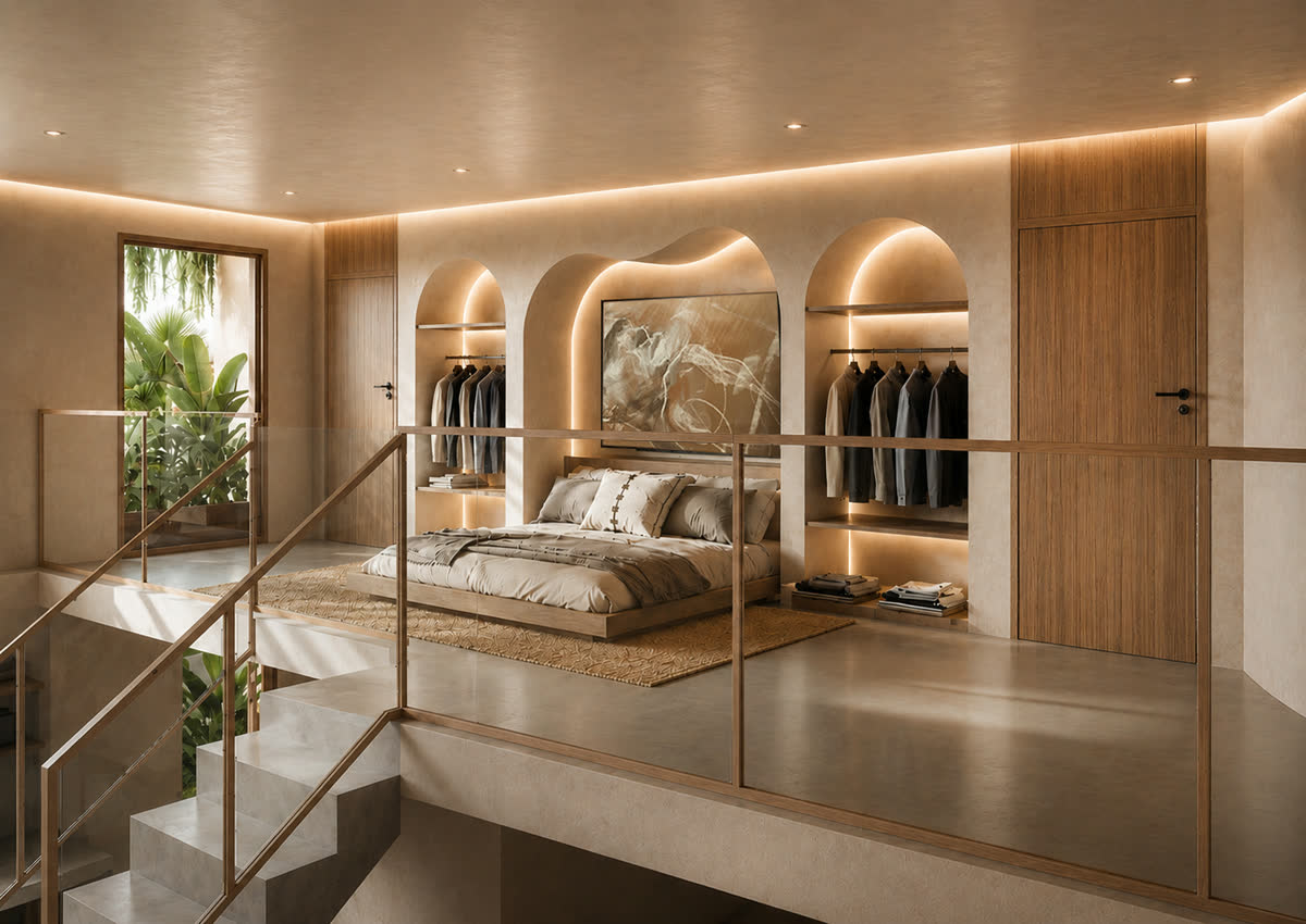 Loft bedroom in the duplex residence, glass railing overlooking the double-height living room below