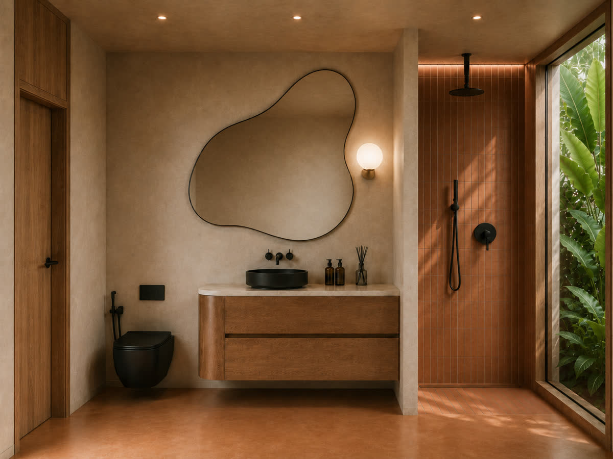 Bathroom with a freestanding black basin, curved mirror and open-air rain shower