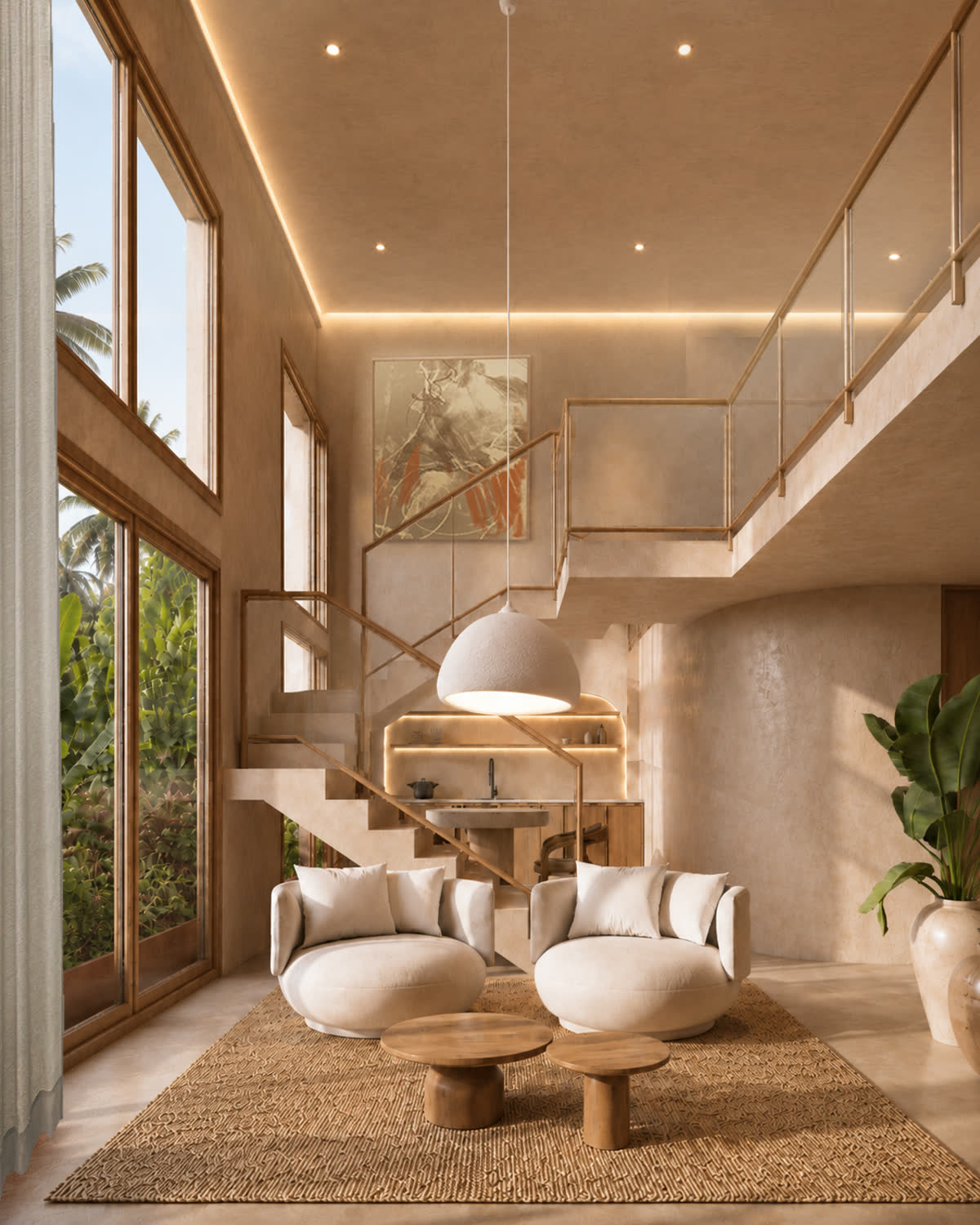Double-height living room in a duplex residence, with a switchback staircase to the loft bedroom