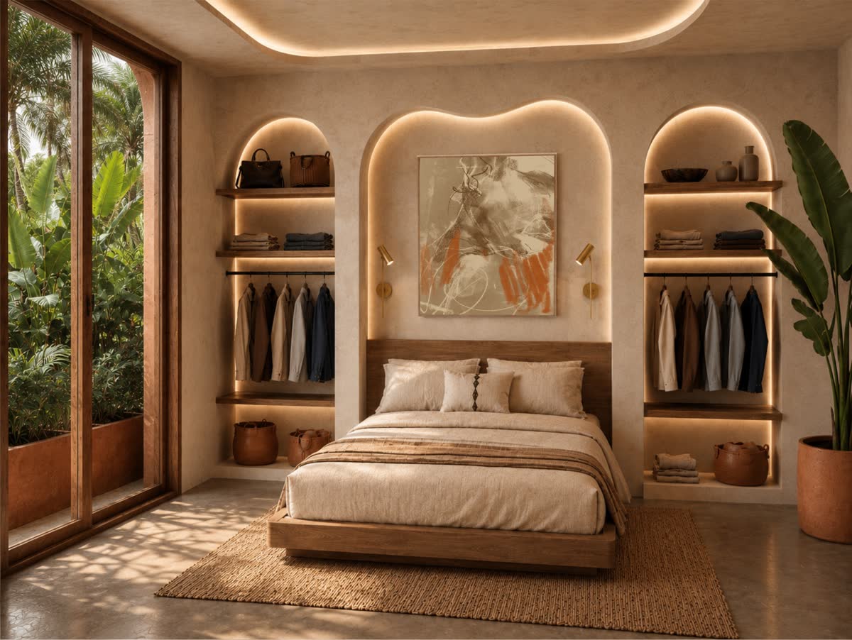 Bedroom with arched wardrobe niches and an abstract painting above the bed, opening onto tropical planting