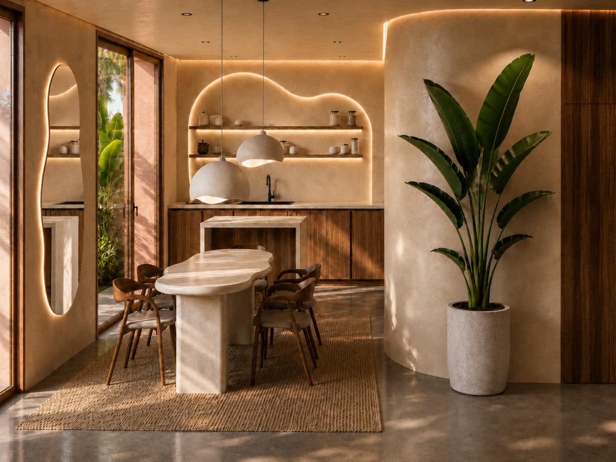 Open kitchen and dining nook with a curved shelved recess and a marble island