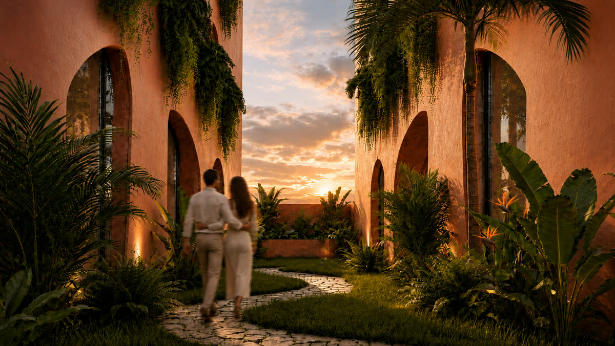 A garden walkway between two wings of the building, arched openings framed by palms
