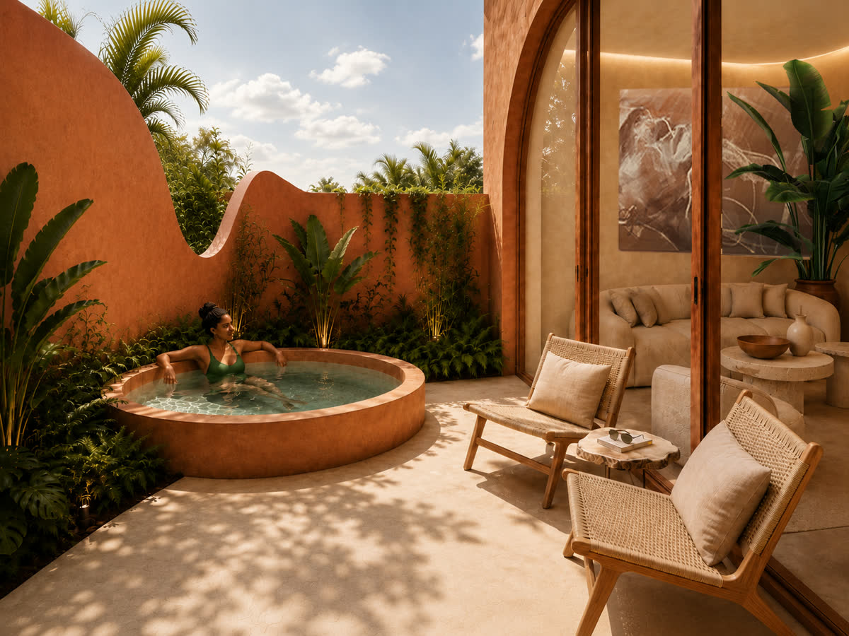 A private plunge pool terrace opening directly onto the living room
