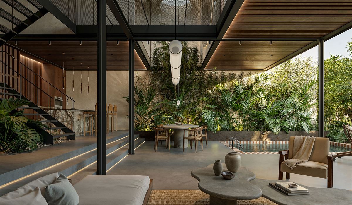 The open living space, planting wall and pool
