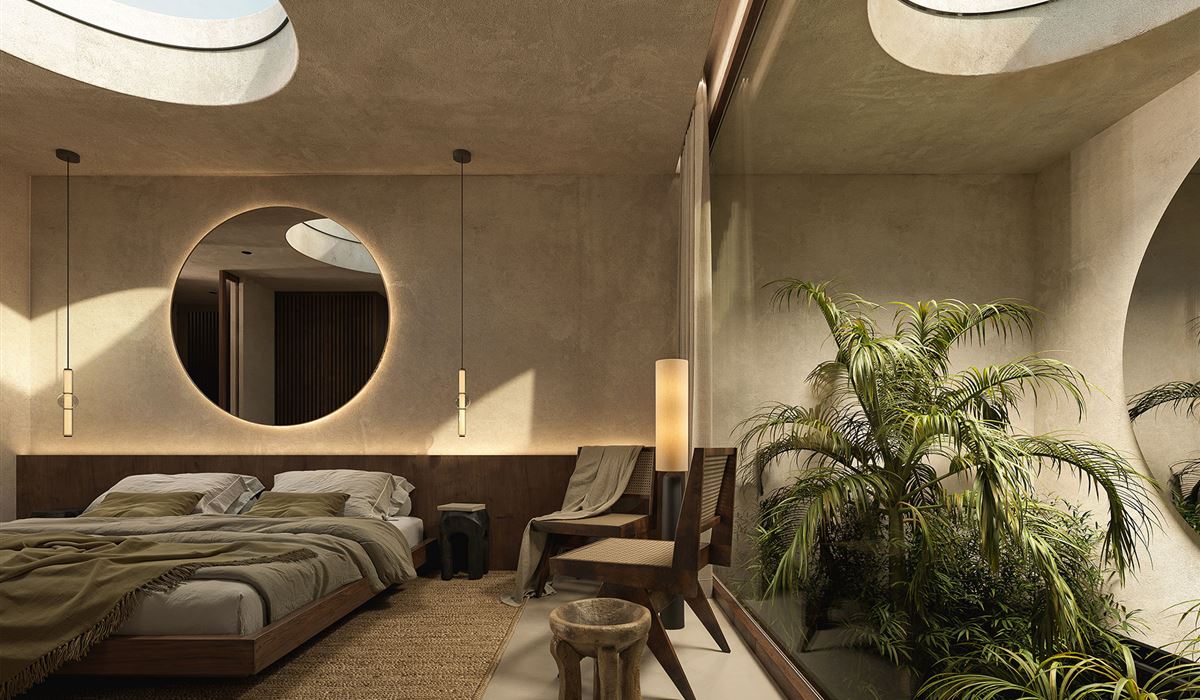 Bedroom under the round skylight